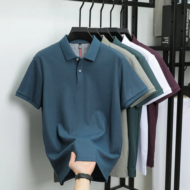 100% Pure Cotton Short-Sleeved Men's Polo Shirt Summer Boutique Fashion High-Quality Top Solid Color Collar Back Striped T-Shirt