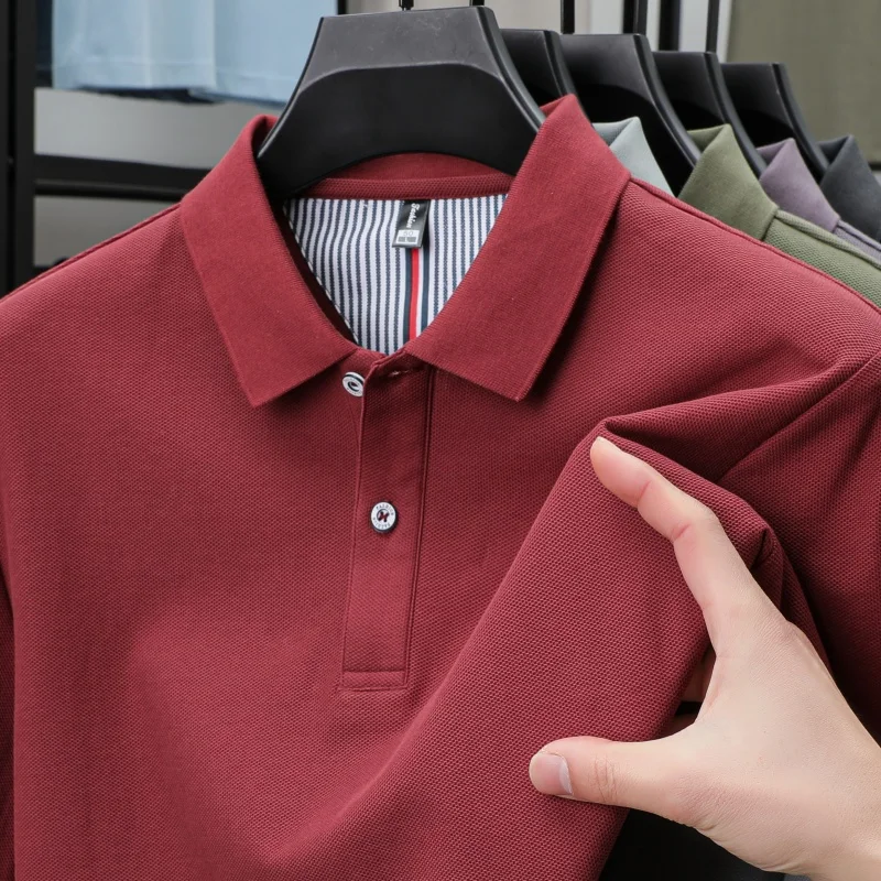 100% Pure Cotton Short-Sleeved Men's Polo Shirt Summer Boutique Fashion High-Quality Top Solid Color Collar Back Striped T-Shirt