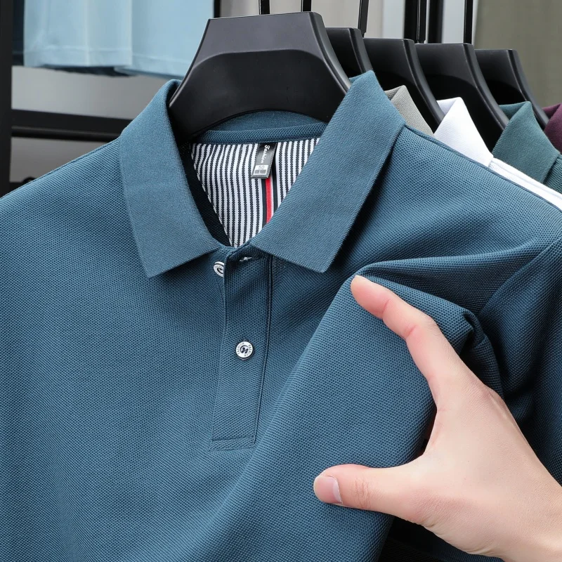 100% Pure Cotton Short-Sleeved Men's Polo Shirt Summer Boutique Fashion High-Quality Top Solid Color Collar Back Striped T-Shirt