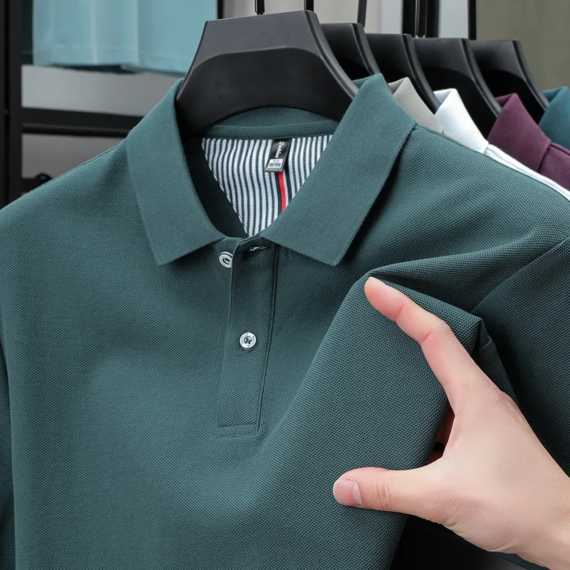 100% Pure Cotton Short-Sleeved Men's Polo Shirt Summer Boutique Fashion High-Quality Top Solid Color Collar Back Striped T-Shirt