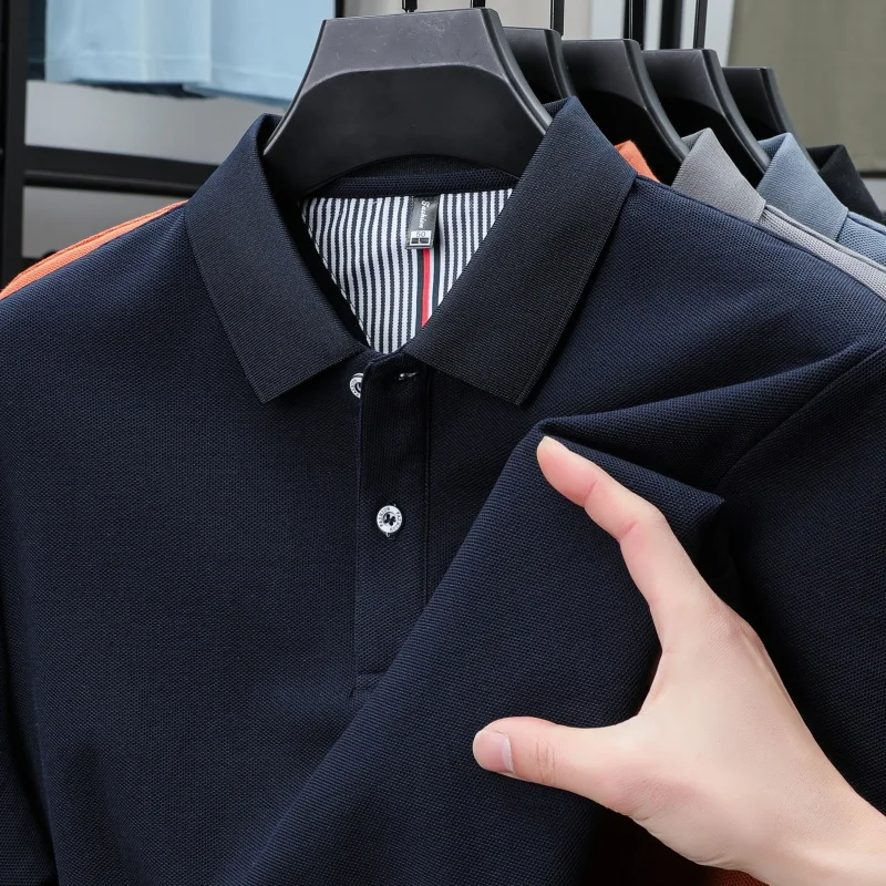 100% Pure Cotton Short-Sleeved Men's Polo Shirt Summer Boutique Fashion High-Quality Top Solid Color Collar Back Striped T-Shirt
