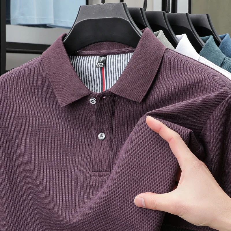 100% Pure Cotton Short-Sleeved Men's Polo Shirt Summer Boutique Fashion High-Quality Top Solid Color Collar Back Striped T-Shirt