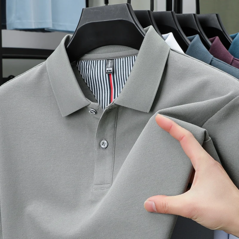100% Pure Cotton Short-Sleeved Men's Polo Shirt Summer Boutique Fashion High-Quality Top Solid Color Collar Back Striped T-Shirt