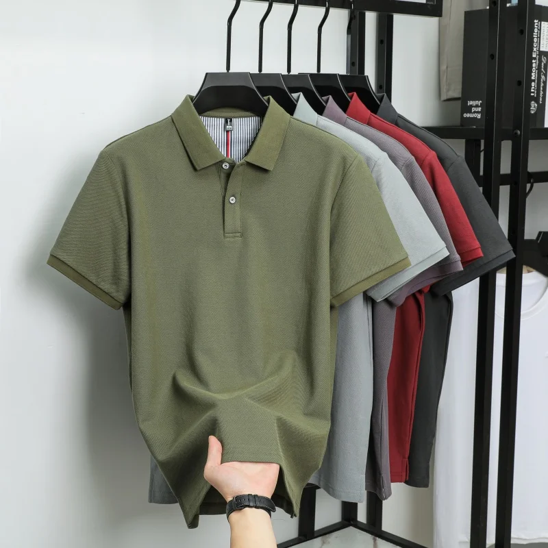 100% Pure Cotton Short-Sleeved Men's Polo Shirt Summer Boutique Fashion High-Quality Top Solid Color Collar Back Striped T-Shirt