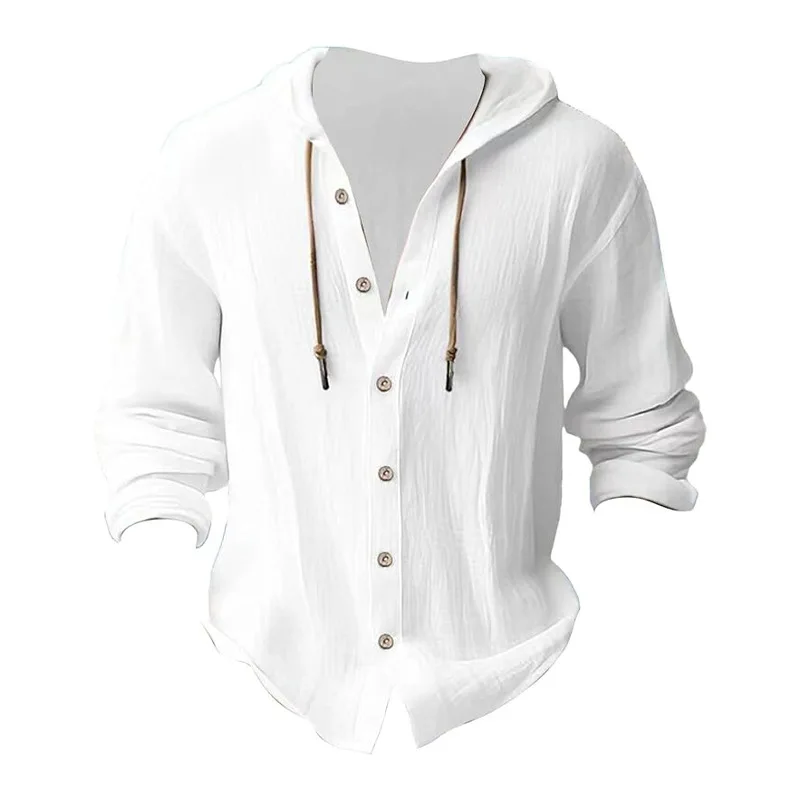 Men's Solid Color Casual Shirt, Hooded Drawstring Cotton and Linen Cardigan, Trendy and Versatile Loose Beach T-Shirt