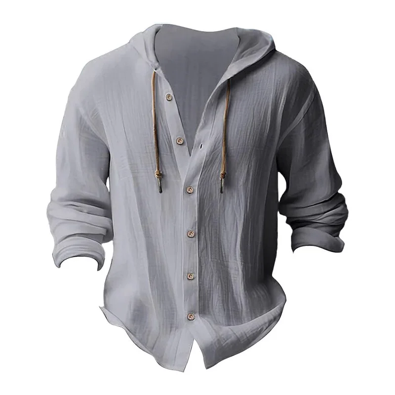 Men's Solid Color Casual Shirt, Hooded Drawstring Cotton and Linen Cardigan, Trendy and Versatile Loose Beach T-Shirt