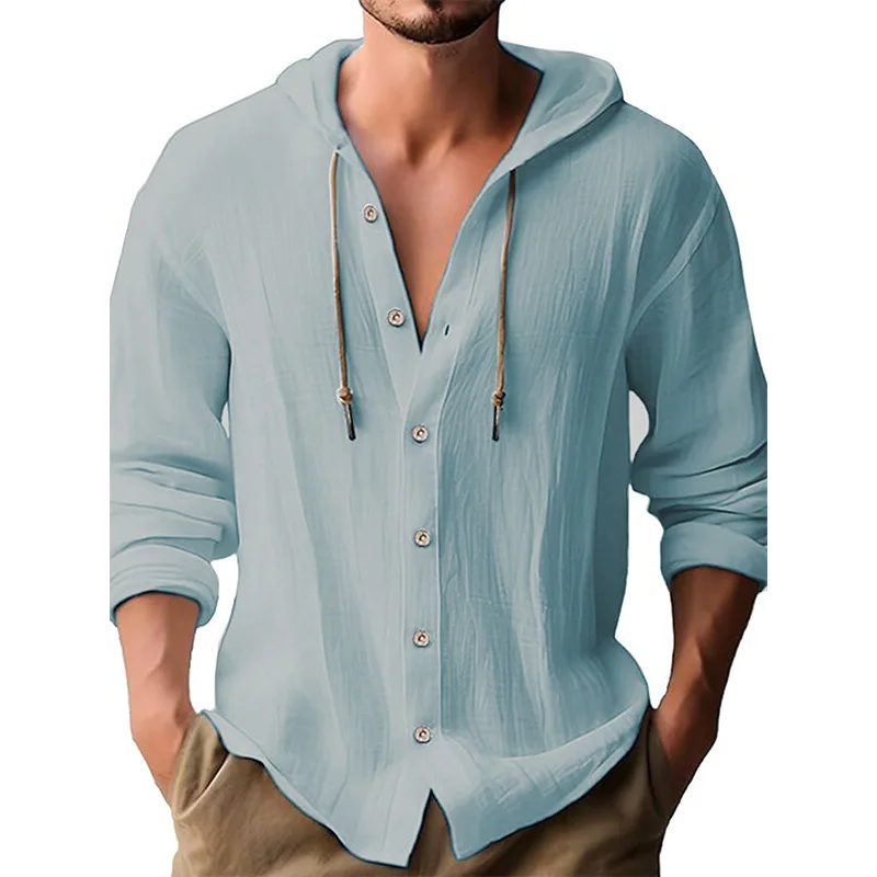 Men's Solid Color Casual Shirt, Hooded Drawstring Cotton and Linen Cardigan, Trendy and Versatile Loose Beach T-Shirt
