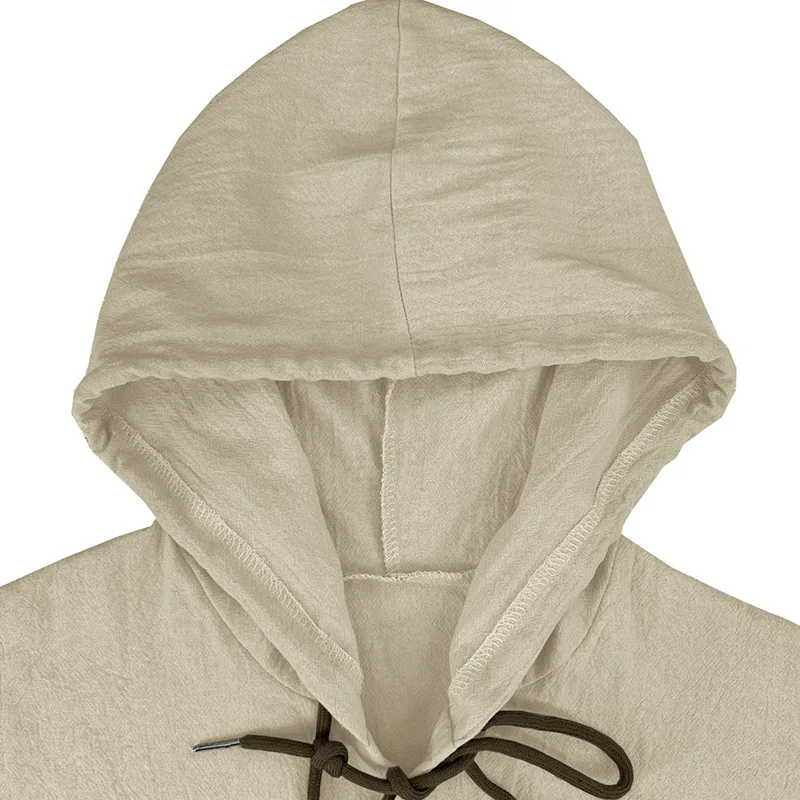 Men's Solid Color Casual Shirt, Hooded Drawstring Cotton and Linen Cardigan, Trendy and Versatile Loose Beach T-Shirt