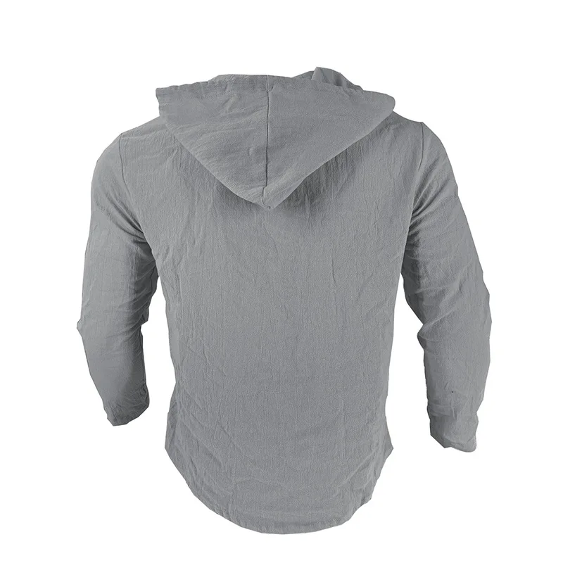 Men's Solid Color Casual Shirt, Hooded Drawstring Cotton and Linen Cardigan, Trendy and Versatile Loose Beach T-Shirt