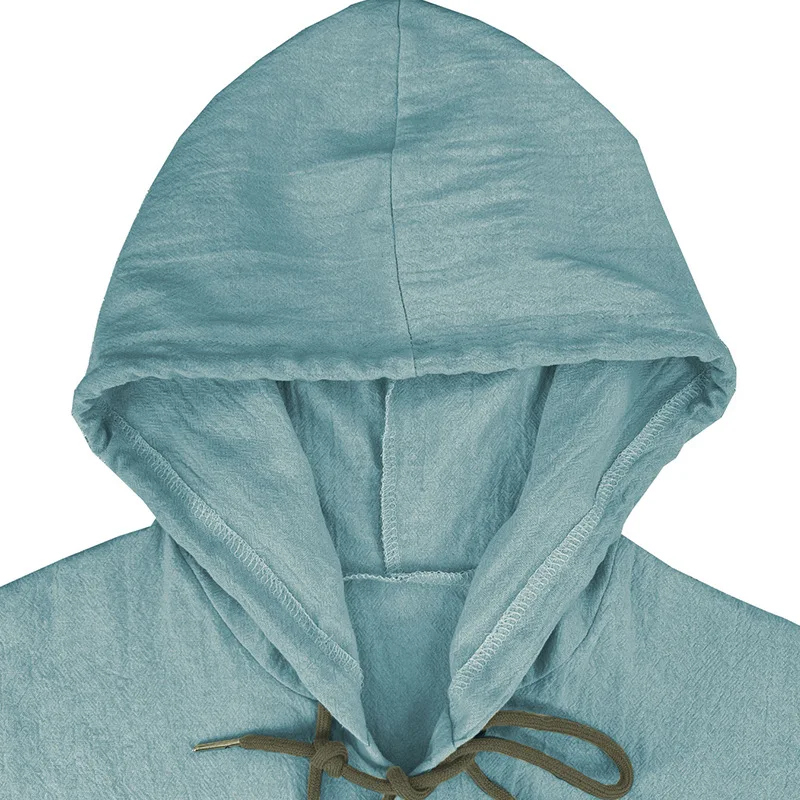 Men's Solid Color Casual Shirt, Hooded Drawstring Cotton and Linen Cardigan, Trendy and Versatile Loose Beach T-Shirt