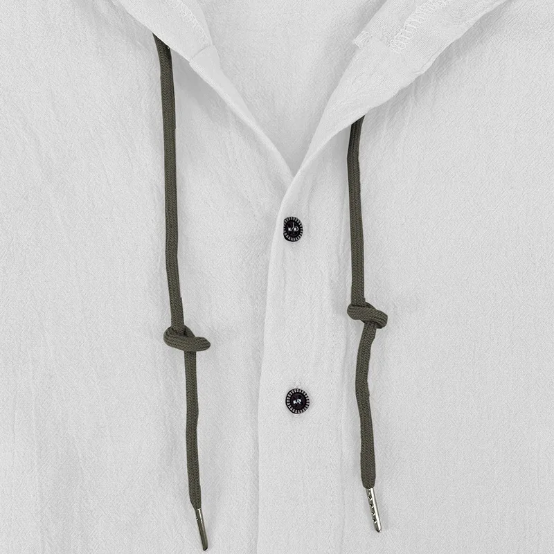 Men's Solid Color Casual Shirt, Hooded Drawstring Cotton and Linen Cardigan, Trendy and Versatile Loose Beach T-Shirt