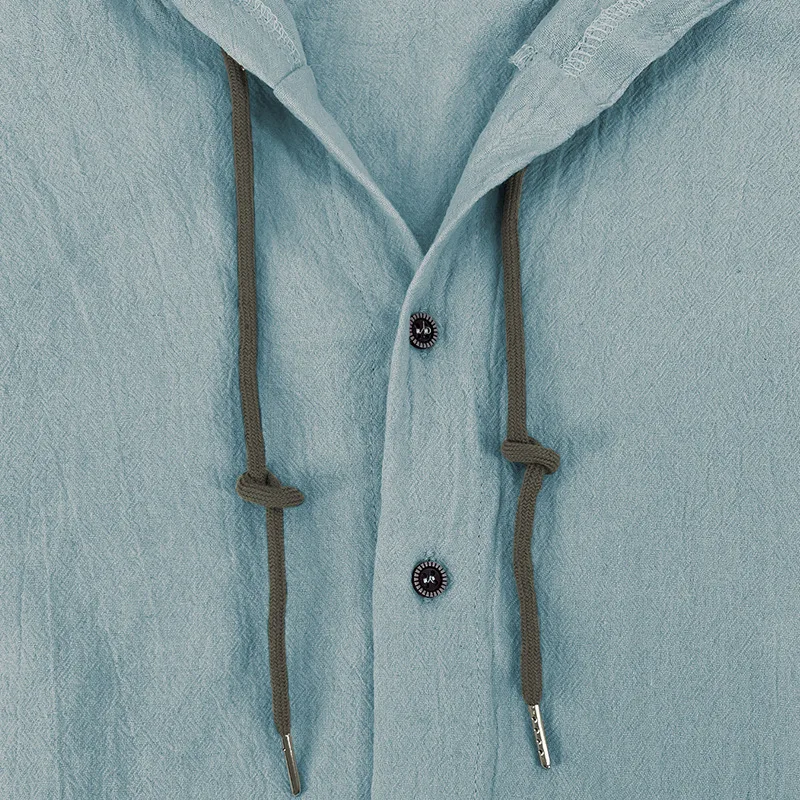 Men's Solid Color Casual Shirt, Hooded Drawstring Cotton and Linen Cardigan, Trendy and Versatile Loose Beach T-Shirt