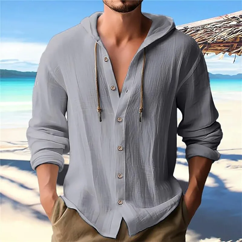 Men's Solid Color Casual Shirt, Hooded Drawstring Cotton and Linen Cardigan, Trendy and Versatile Loose Beach T-Shirt