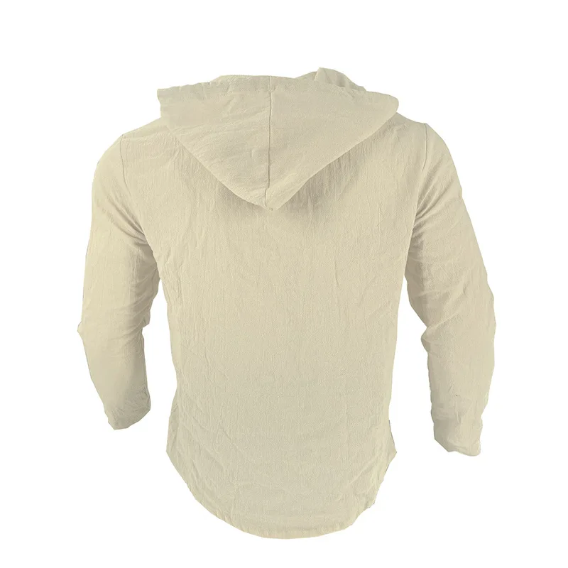 Men's Solid Color Casual Shirt, Hooded Drawstring Cotton and Linen Cardigan, Trendy and Versatile Loose Beach T-Shirt