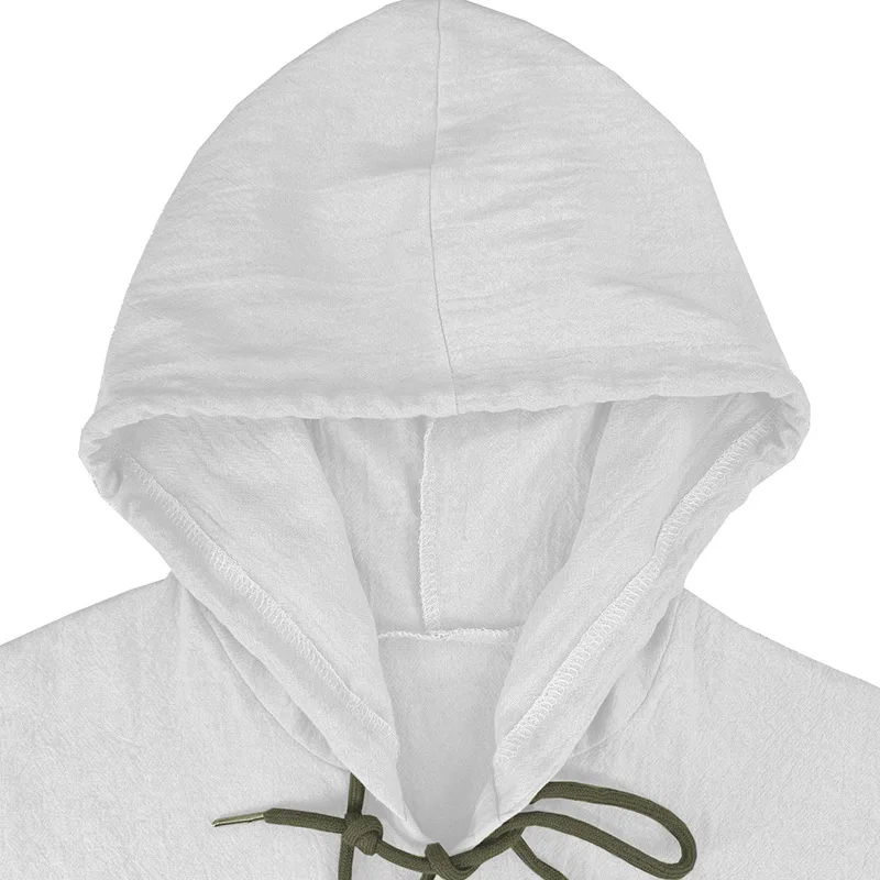 Men's Solid Color Casual Shirt, Hooded Drawstring Cotton and Linen Cardigan, Trendy and Versatile Loose Beach T-Shirt