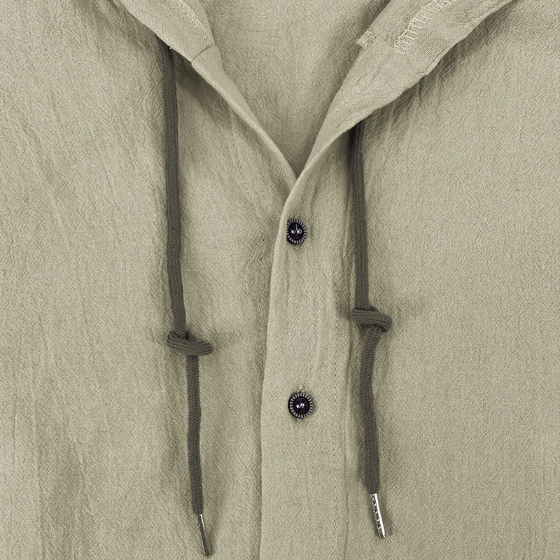 Men's Solid Color Casual Shirt, Hooded Drawstring Cotton and Linen Cardigan, Trendy and Versatile Loose Beach T-Shirt