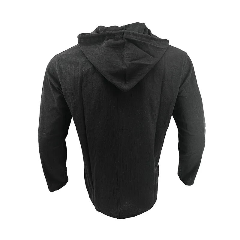 Men's Solid Color Casual Shirt, Hooded Drawstring Cotton and Linen Cardigan, Trendy and Versatile Loose Beach T-Shirt