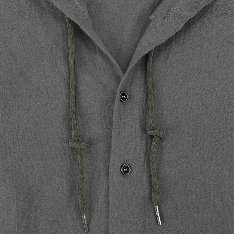 Men's Solid Color Casual Shirt, Hooded Drawstring Cotton and Linen Cardigan, Trendy and Versatile Loose Beach T-Shirt