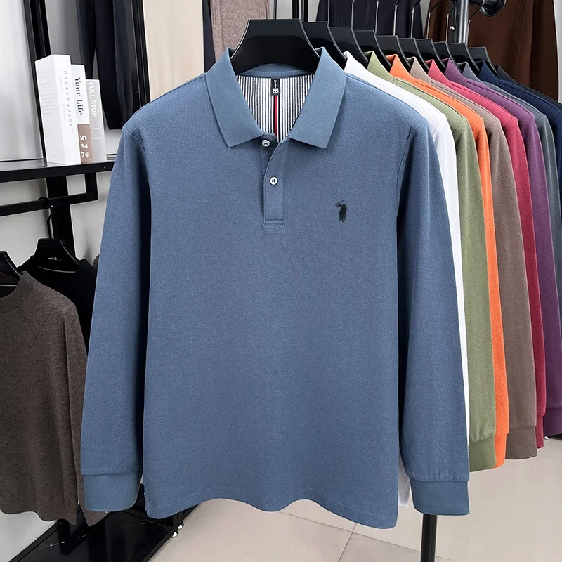 100% pure cotton autumn and winter men's fashion sports brand embroidered pony long sleeved POLO shirt business casual T-shirt