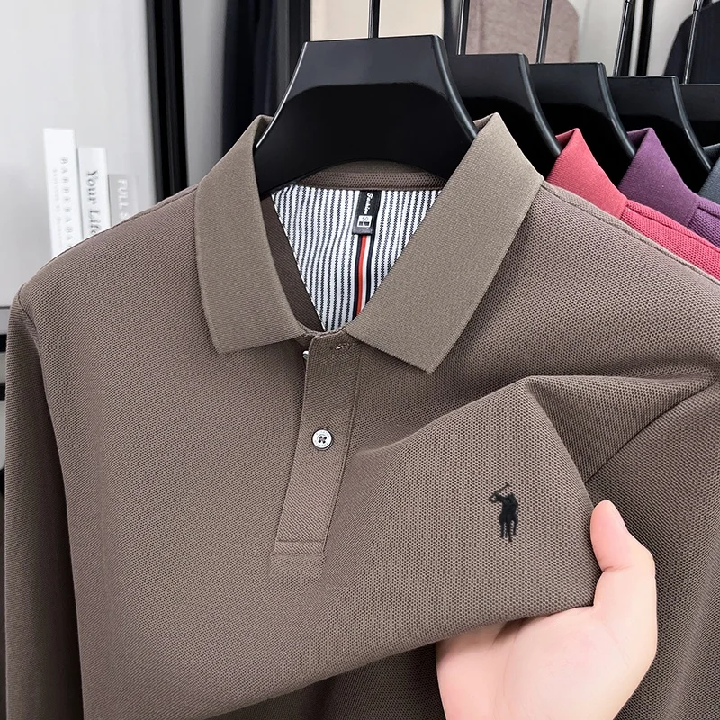 100% pure cotton autumn and winter men's fashion sports brand embroidered pony long sleeved POLO shirt business casual T-shirt