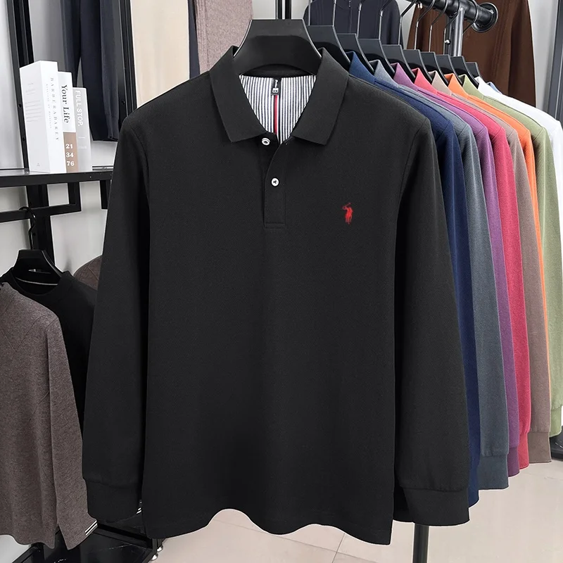 100% pure cotton autumn and winter men's fashion sports brand embroidered pony long sleeved POLO shirt business casual T-shirt