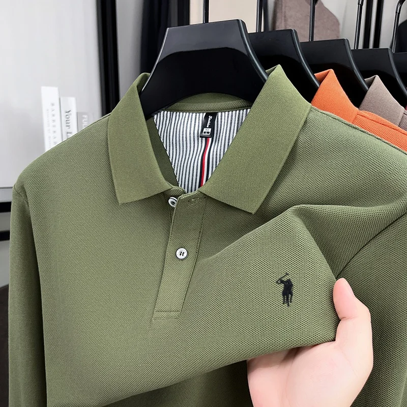 100% pure cotton autumn and winter men's fashion sports brand embroidered pony long sleeved POLO shirt business casual T-shirt
