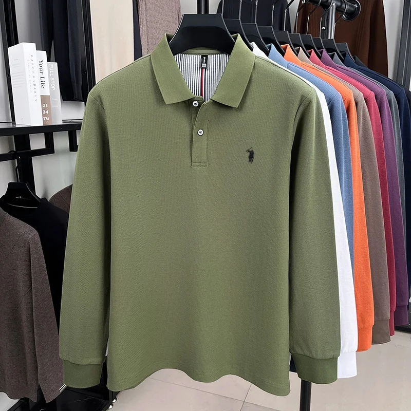 100% pure cotton autumn and winter men's fashion sports brand embroidered pony long sleeved POLO shirt business casual T-shirt