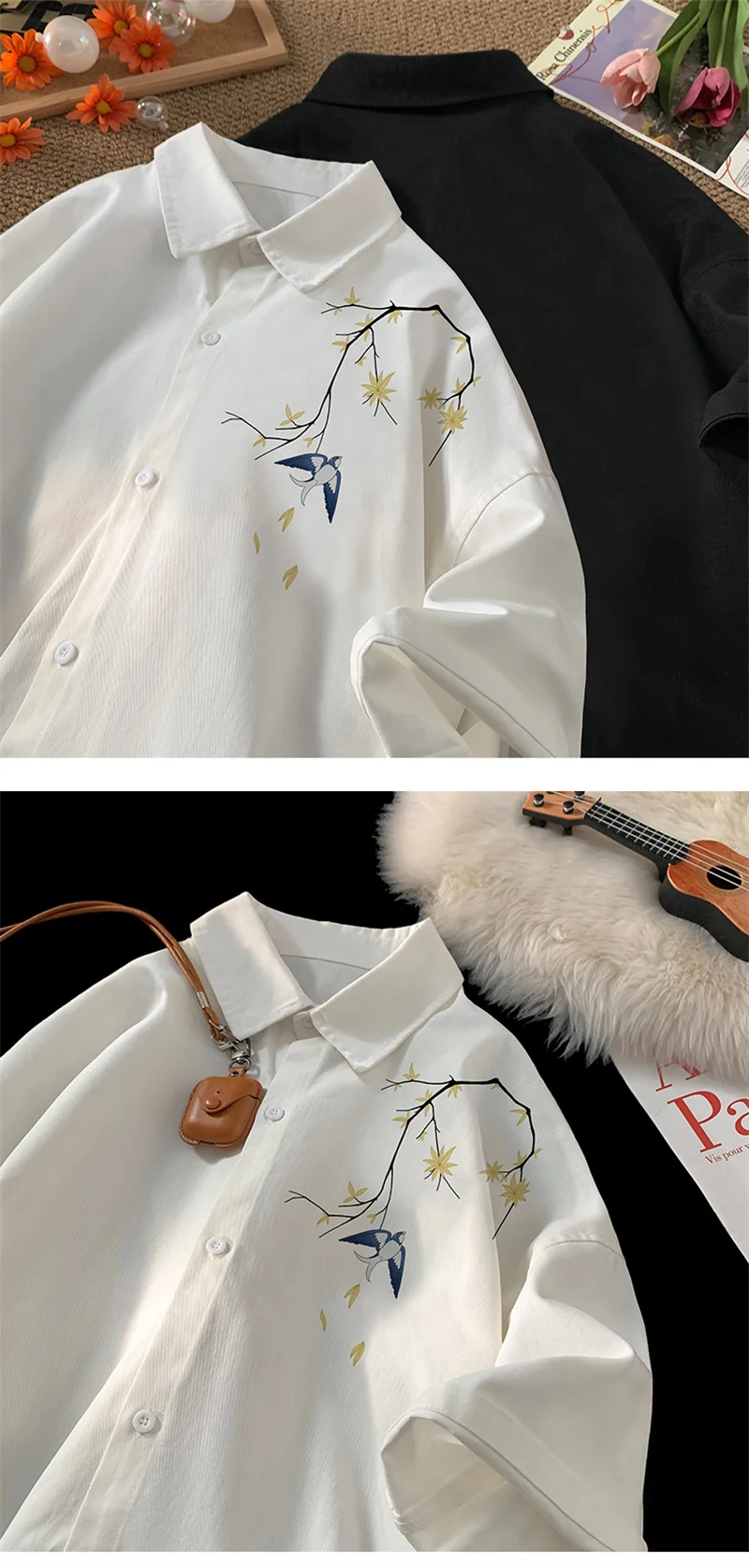 Men's Oversized Shirts Swallow Print Mens Blouse White Fashion 5XL Oversize Shirt Casual Wear Summer for Men New Clothing