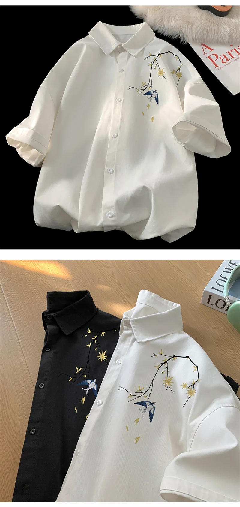 Men's Oversized Shirts Swallow Print Mens Blouse White Fashion 5XL Oversize Shirt Casual Wear Summer for Men New Clothing
