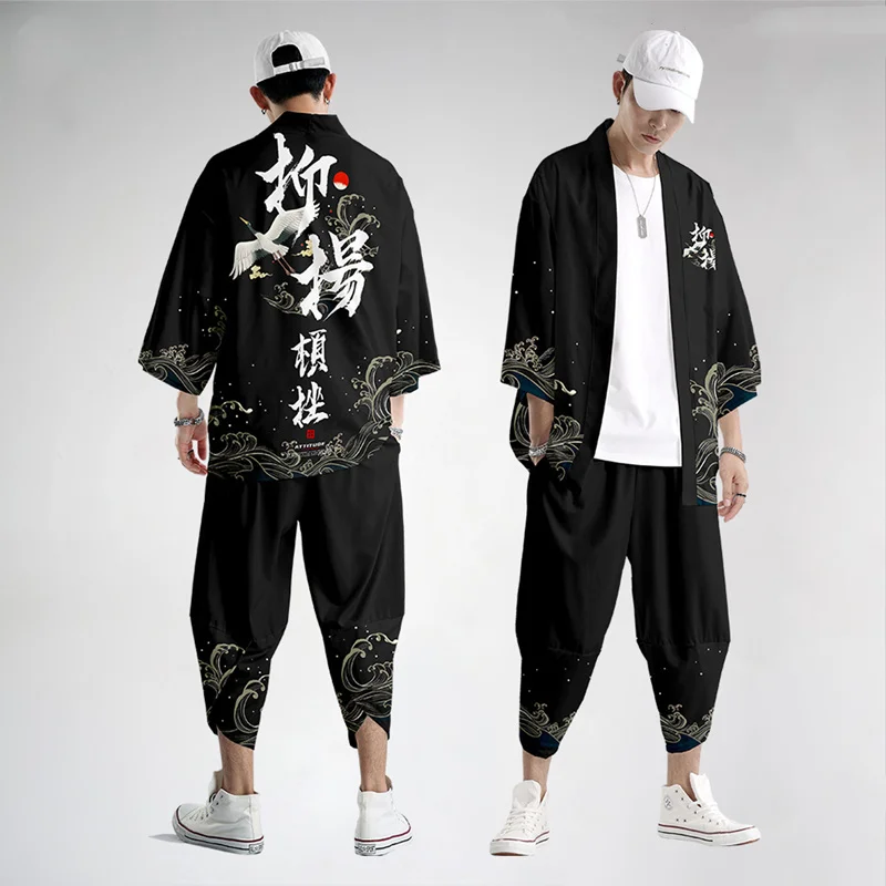 Large Size 5XL 6XL Japanese Kimono Cardigan Pants Set Print Fox Men Women Shirt Tradition Yukata Haori Obi Cosplay Costume