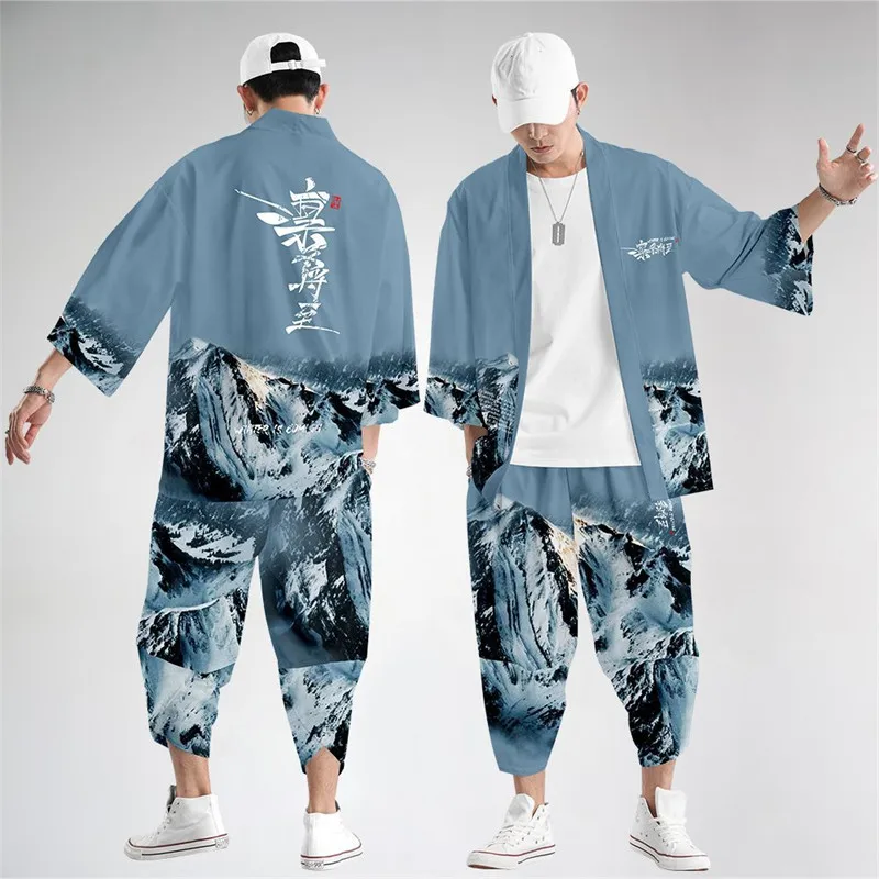 Large Size 5XL 6XL Japanese Kimono Cardigan Pants Set Print Fox Men Women Shirt Tradition Yukata Haori Obi Cosplay Costume