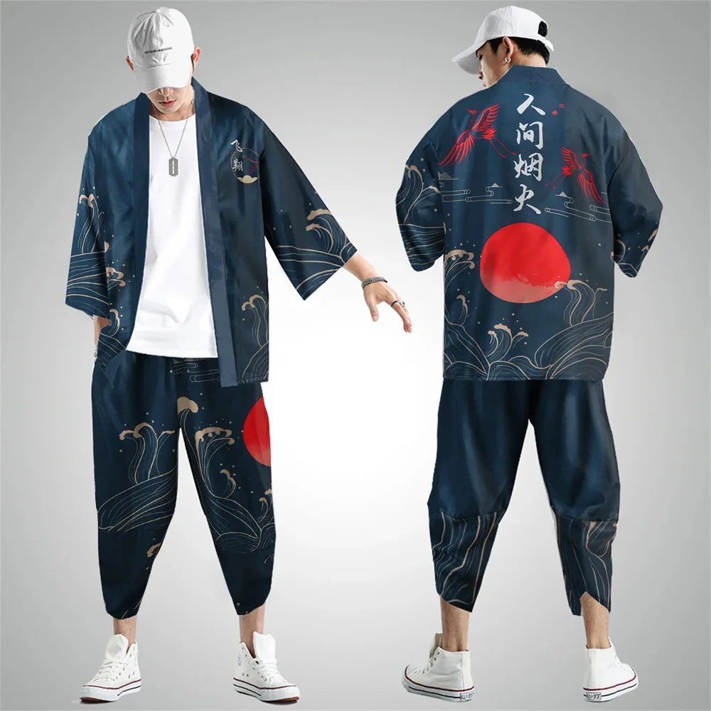 Large Size 5XL 6XL Japanese Kimono Cardigan Pants Set Print Fox Men Women Shirt Tradition Yukata Haori Obi Cosplay Costume