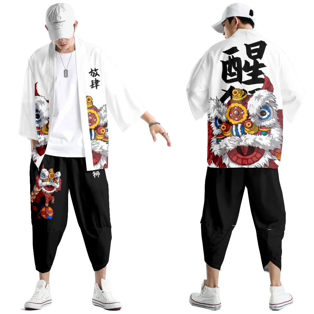Large Size 5XL 6XL Japanese Kimono Cardigan Pants Set Print Fox Men Women Shirt Tradition Yukata Haori Obi Cosplay Costume