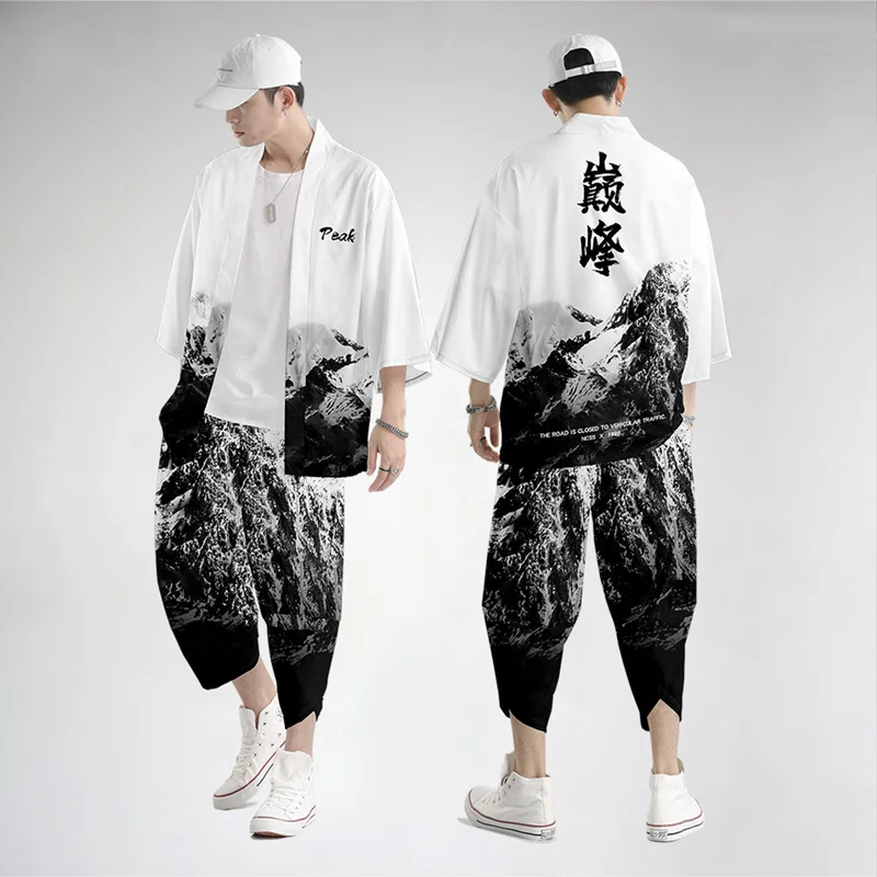 Large Size 5XL 6XL Japanese Kimono Cardigan Pants Set Print Fox Men Women Shirt Tradition Yukata Haori Obi Cosplay Costume
