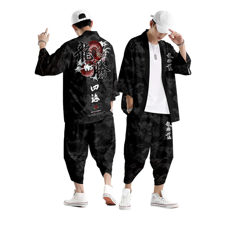 Large Size 5XL 6XL Japanese Kimono Cardigan Pants Set Print Fox Men Women Shirt Tradition Yukata Haori Obi Cosplay Costume