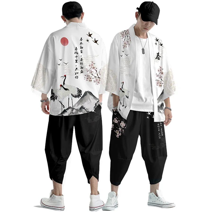 Large Size 5XL 6XL Japanese Kimono Cardigan Pants Set Print Fox Men Women Shirt Tradition Yukata Haori Obi Cosplay Costume