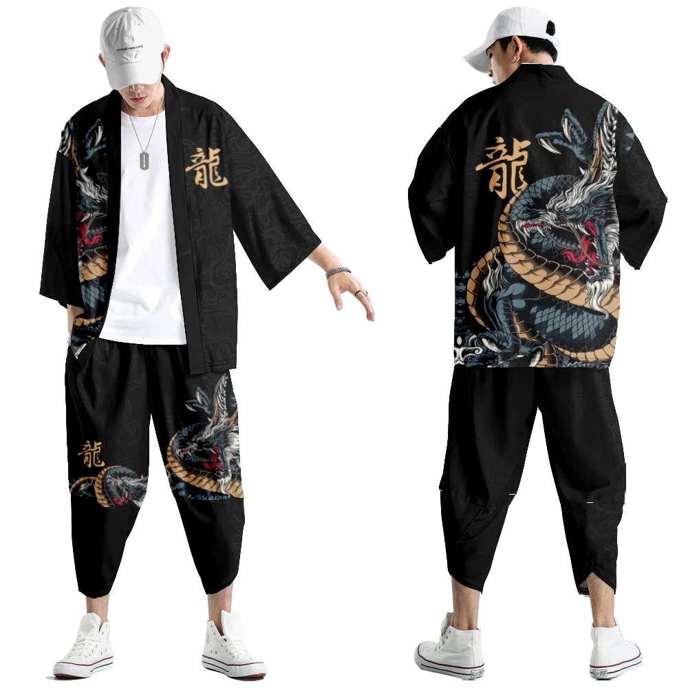 Large Size 5XL 6XL Japanese Kimono Cardigan Pants Set Print Fox Men Women Shirt Tradition Yukata Haori Obi Cosplay Costume