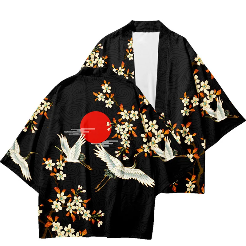 Large Size 5XL 6XL Japanese Kimono Cardigan Pants Set Print Fox Men Women Shirt Tradition Yukata Haori Obi Cosplay Costume