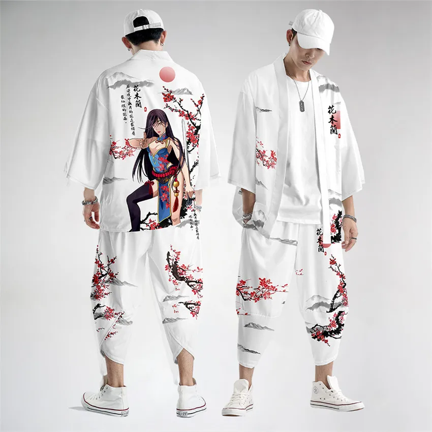 Large Size 5XL 6XL Japanese Kimono Cardigan Pants Set Print Fox Men Women Shirt Tradition Yukata Haori Obi Cosplay Costume