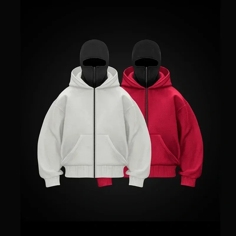 Men and women Balaclava Y2K Gothic Harajuku winter new item double hooded sweatshirt men's hooded mask zipper sportswear