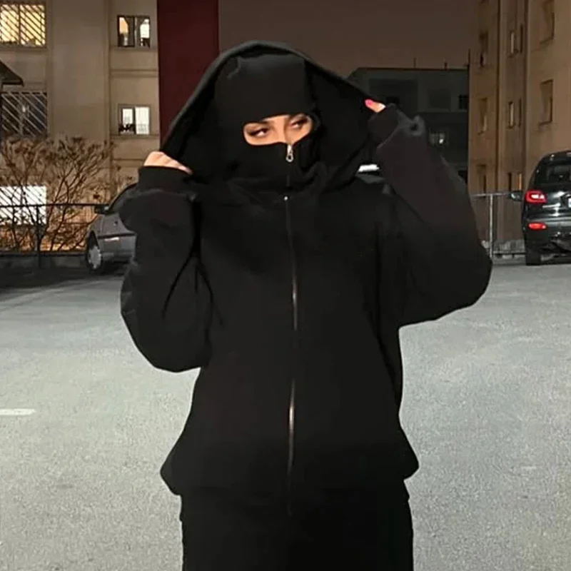 Men and women Balaclava Y2K Gothic Harajuku winter new item double hooded sweatshirt men's hooded mask zipper sportswear