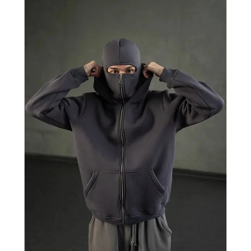 Men and women Balaclava Y2K Gothic Harajuku winter new item double hooded sweatshirt men's hooded mask zipper sportswear