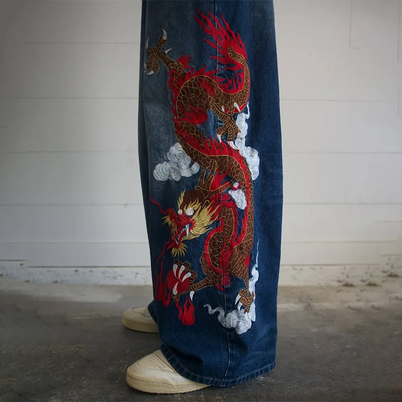 Dragon Graffiti Embroidery Dark Blue Loose Wide Leg Distressed Jeans Y2K High Waist Men Women Vintage Casual Daily Streetwear