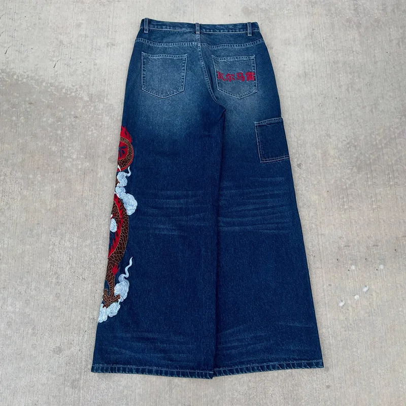 Dragon Graffiti Embroidery Dark Blue Loose Wide Leg Distressed Jeans Y2K High Waist Men Women Vintage Casual Daily Streetwear