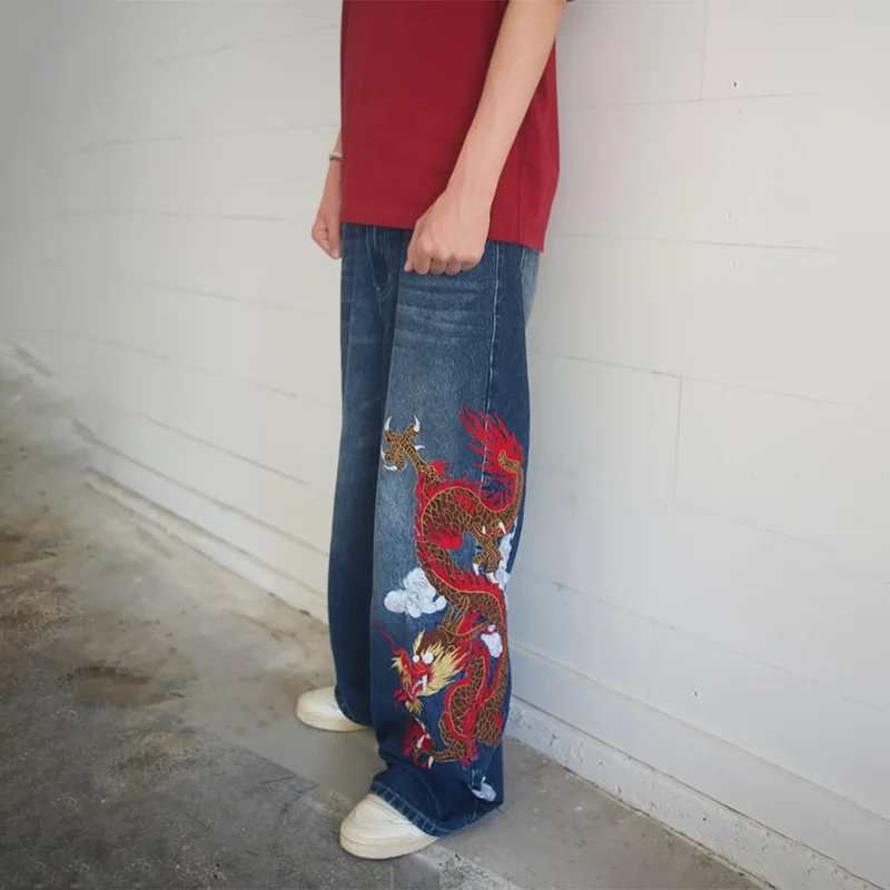 Dragon Graffiti Embroidery Dark Blue Loose Wide Leg Distressed Jeans Y2K High Waist Men Women Vintage Casual Daily Streetwear