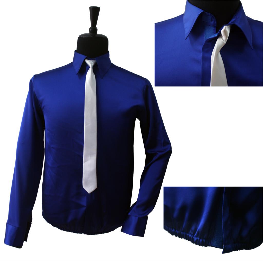 Dance King Michael Jackson Smooth Criminal Bule Shine Shirt & Tie Thread Gluing Performance Halloween Show Clothing No Button