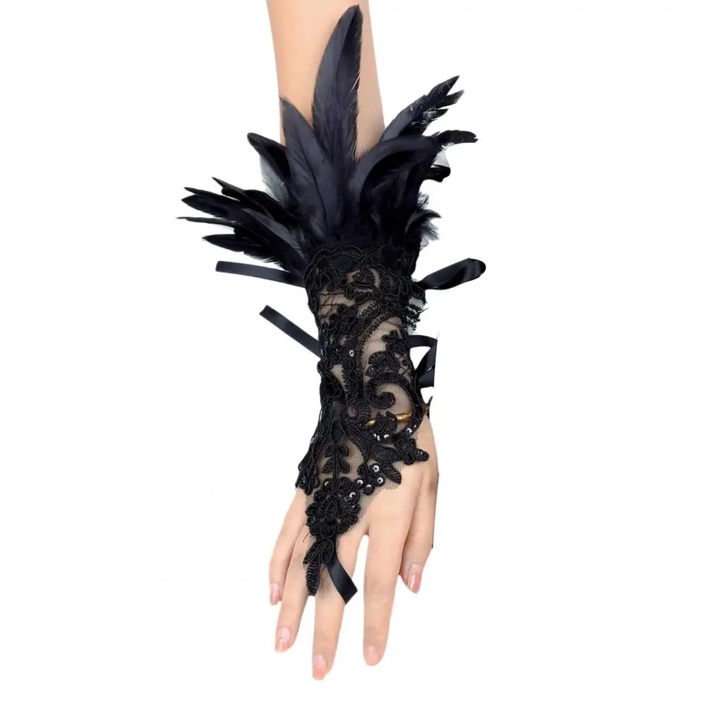 1Pc Sexy Lace Faux Feather Long Glove Gothic Mesh Sleeve Halloween Party Embroidery Mitten Female Stage Accessory