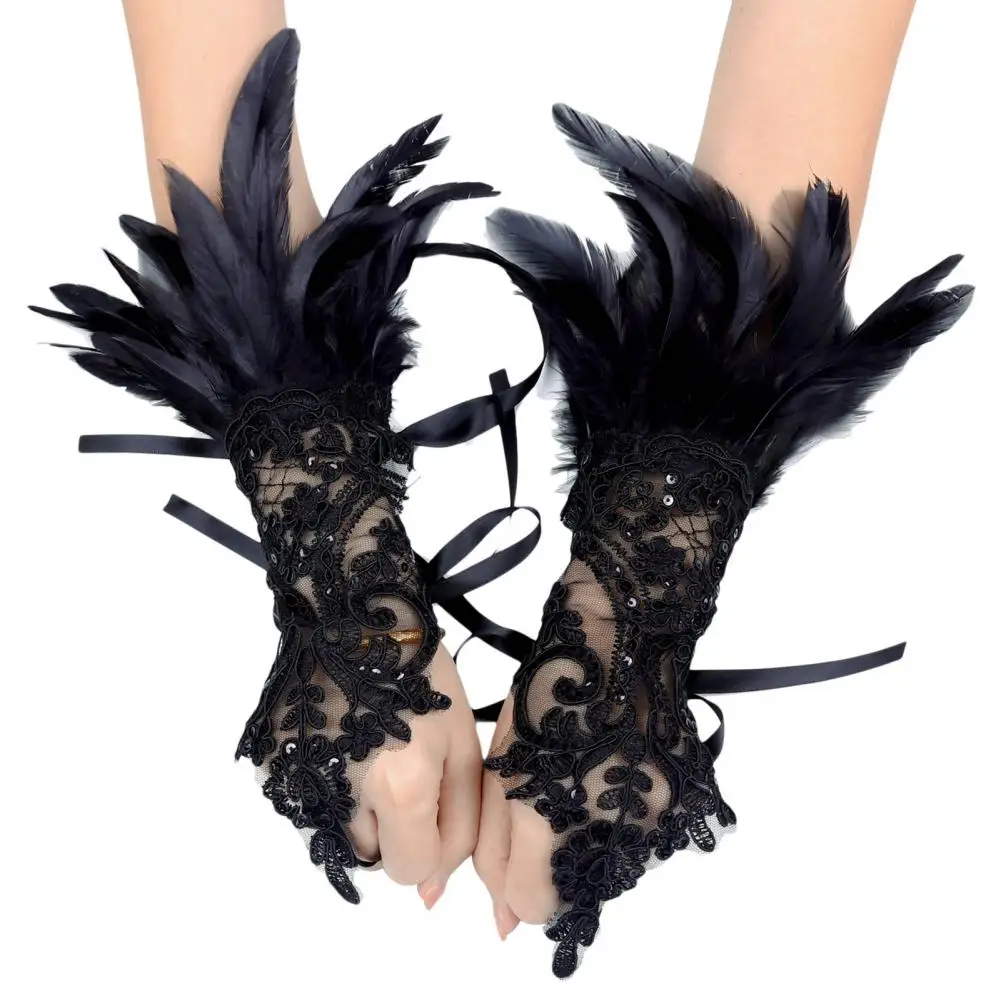 1Pc Sexy Lace Faux Feather Long Glove Gothic Mesh Sleeve Halloween Party Embroidery Mitten Female Stage Accessory