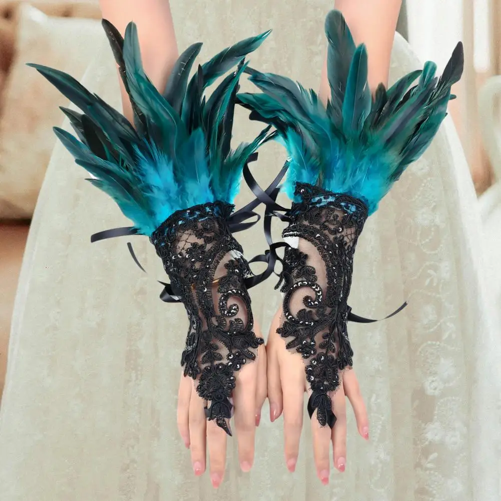 1Pc Sexy Lace Faux Feather Long Glove Gothic Mesh Sleeve Halloween Party Embroidery Mitten Female Stage Accessory