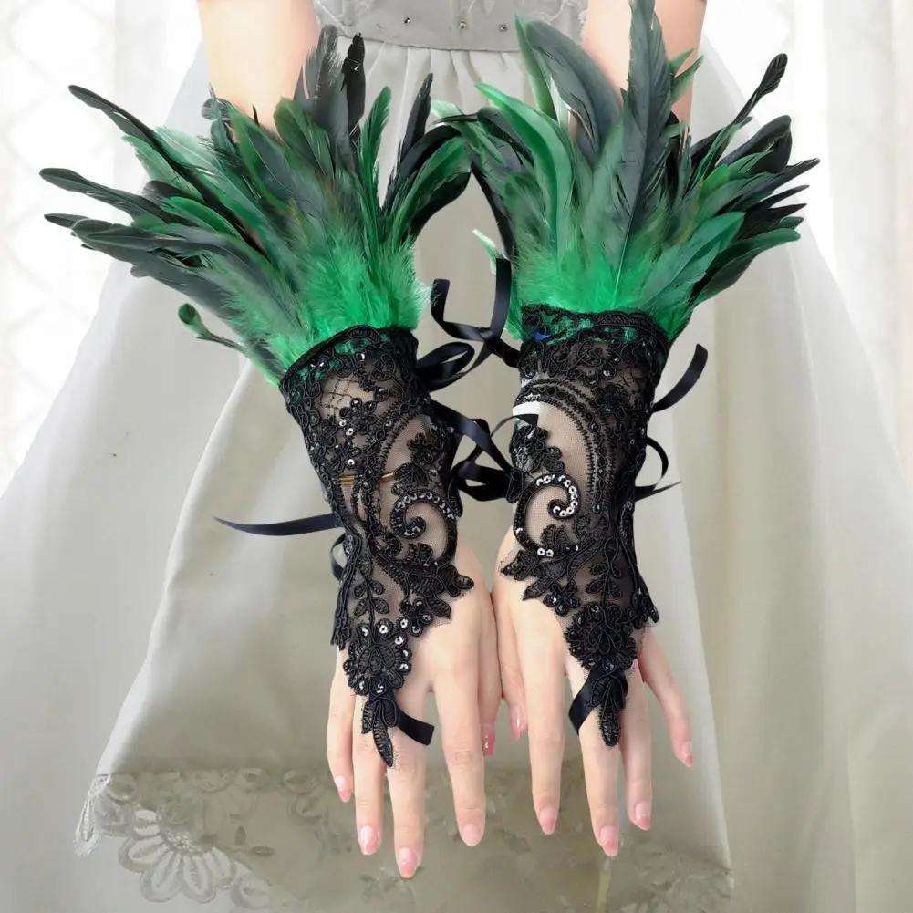 1Pc Sexy Lace Faux Feather Long Glove Gothic Mesh Sleeve Halloween Party Embroidery Mitten Female Stage Accessory